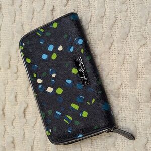 Vera Bradley Ink Spots Navy Zip Around Wallet Accordion Faux Leather Silver